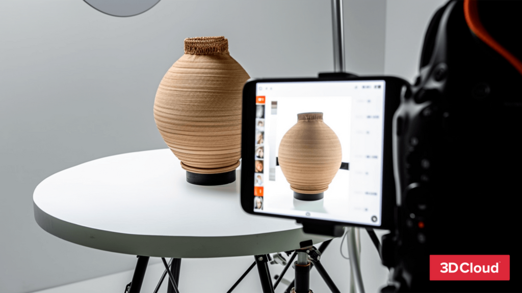 A 3D-rendered or photographed beige ribbed vase displayed on a white round table, with a smartphone showing the same vase and a camera on a tripod in the foreground. A red 3DCloud logo appears in the bottom-right corner.