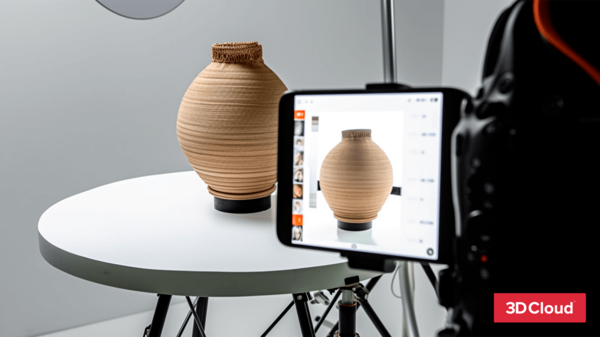 A 3D-rendered or photographed beige ribbed vase displayed on a white round table, with a smartphone showing the same vase and a camera on a tripod in the foreground. A red 3DCloud logo appears in the bottom-right corner.