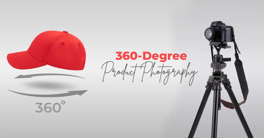 A red baseball cap floating on the left with arrows and the text '360-Degree Product Photography,' alongside a camera on a tripod on the right, over a light gray gradient background.